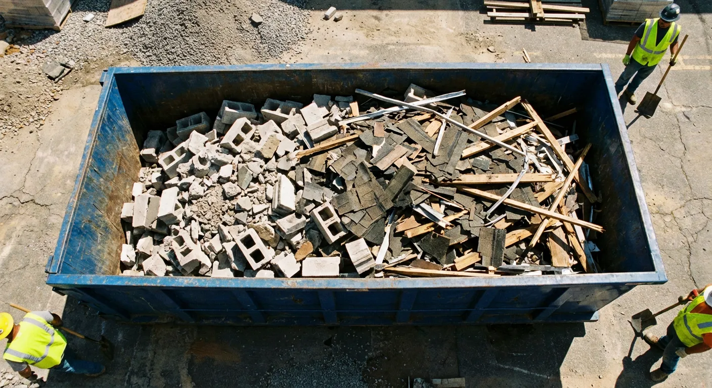 Roll-off dumpster loaded with construction debris in College Station, TX
