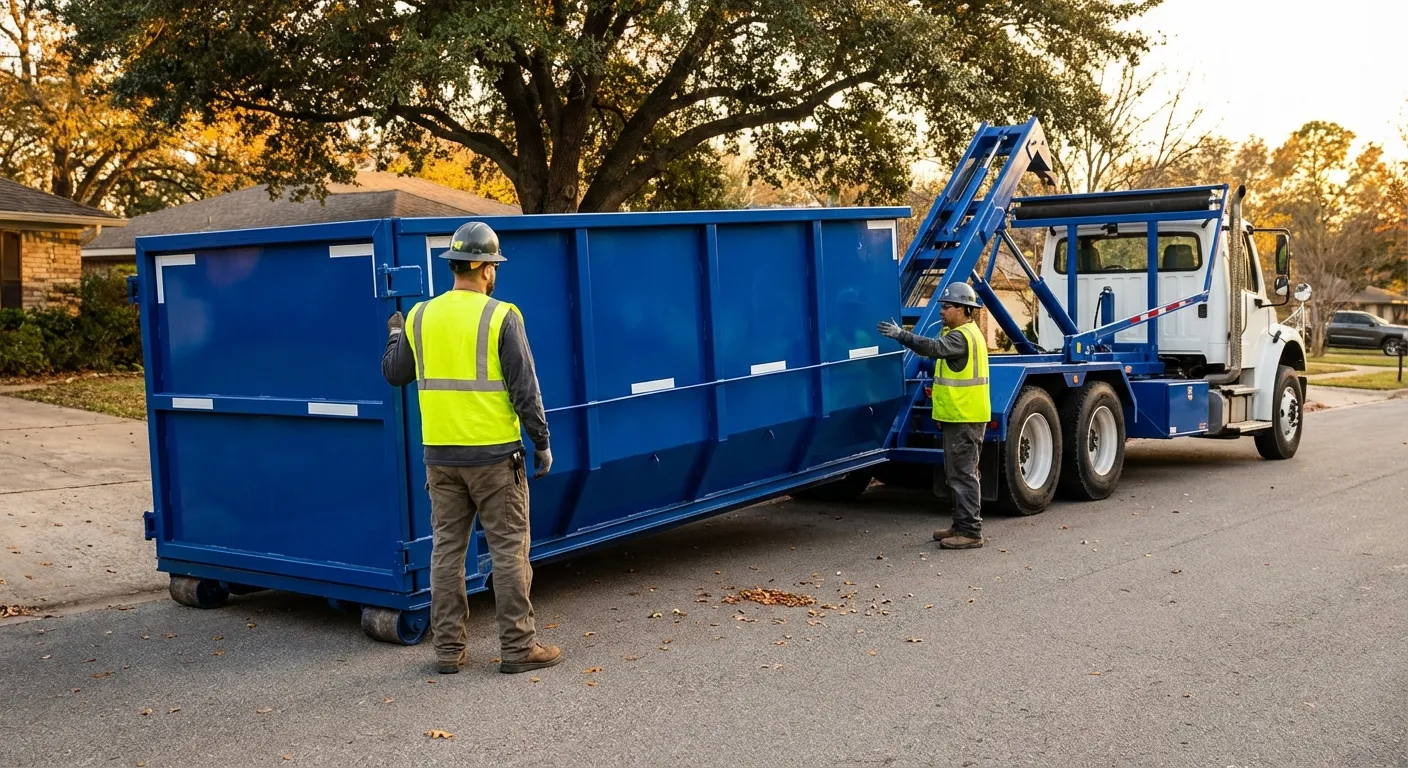 Roll-off dumpster delivery truck in operation in College Station, TX