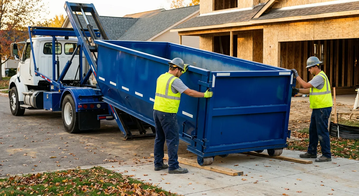 Roll-off dumpster delivery truck in residential area in College Station, TX