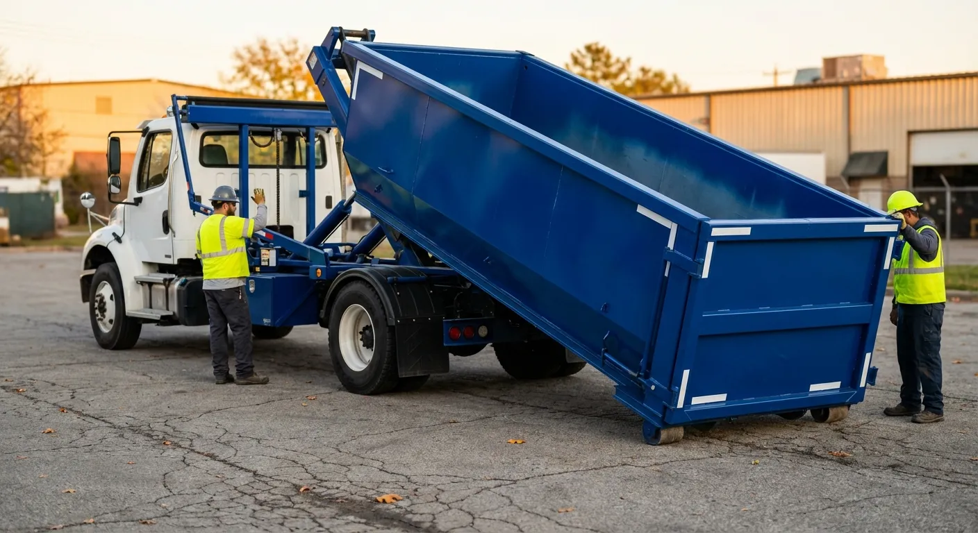 Roll-off dumpster rental truck protecting driveway surfaces in College Station, TX