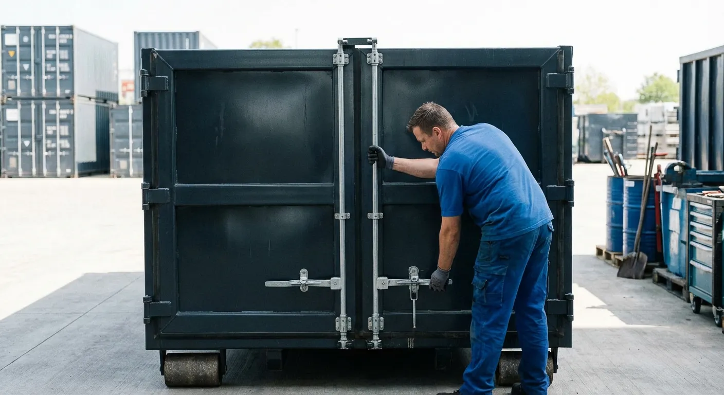 Dumpster walk-in loading door open showing easy access in College Station, TX