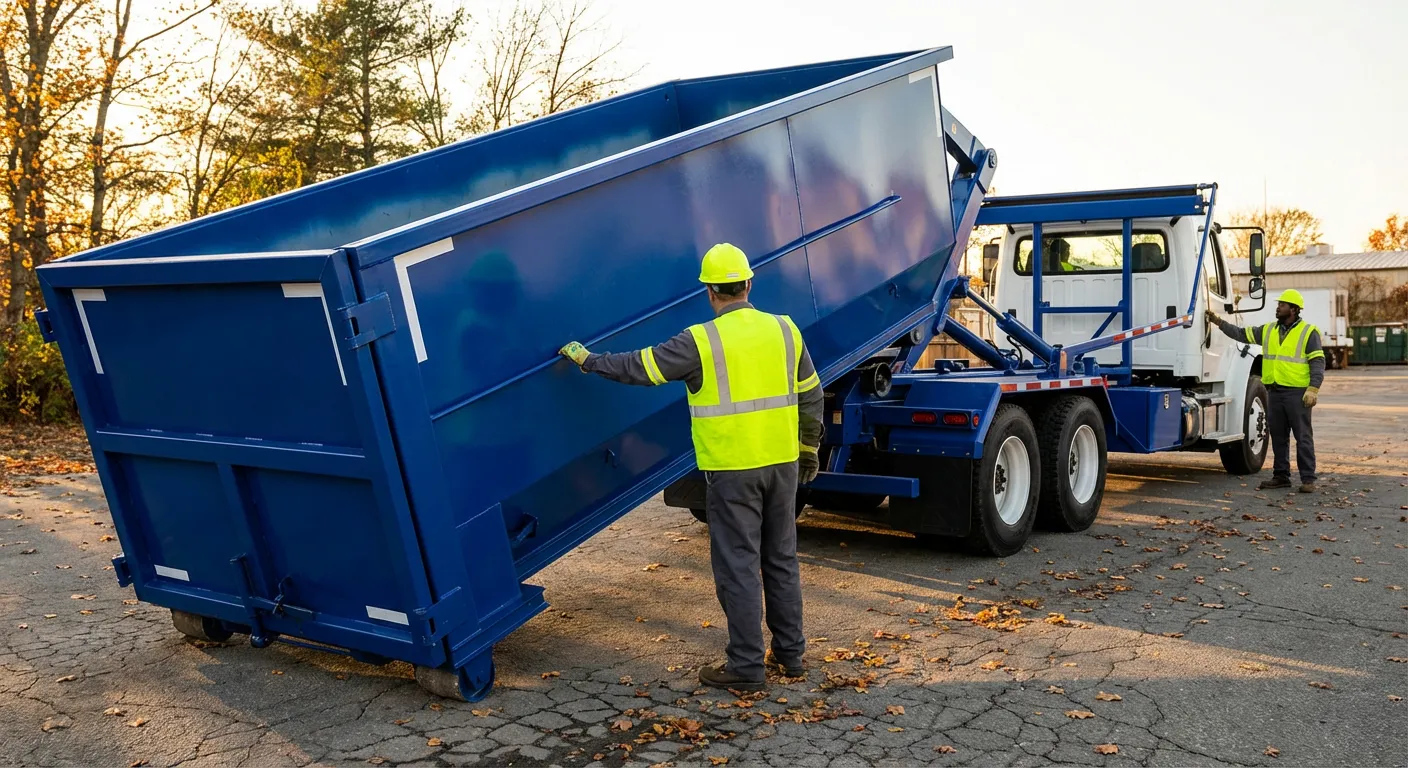 Commercial roll-off dumpster delivery truck in College Station, TX