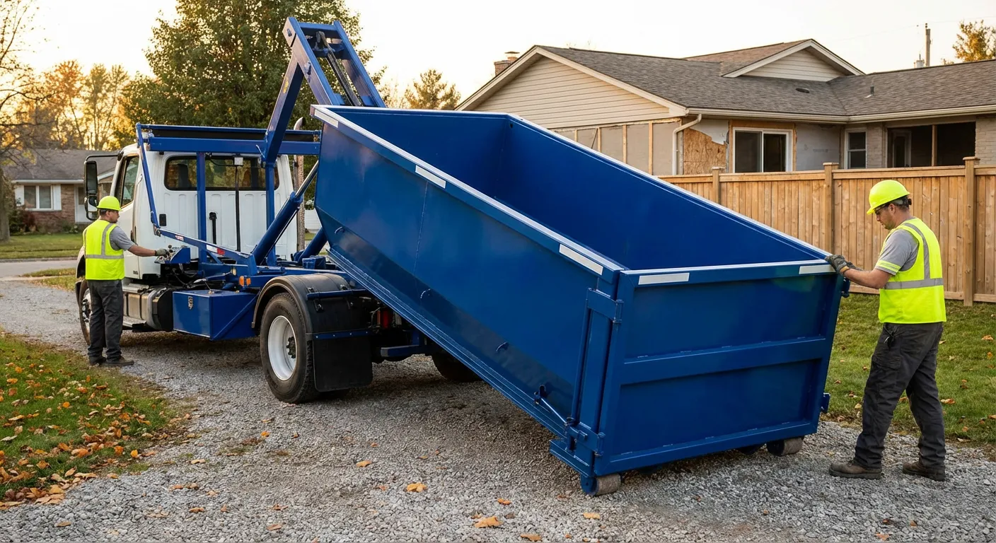 Roll-off dumpster rental delivery truck in College Station, TX