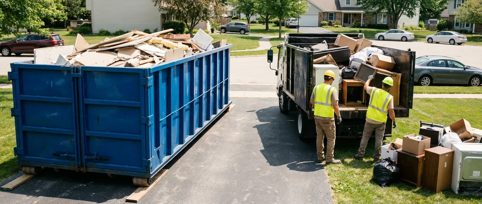 Dumpster rental versus junk removal service comparison showing capacity differences in College Station, TX