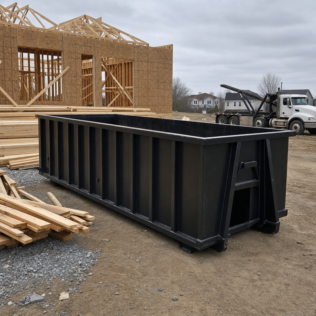 Matte-black 40-yard roll-off dumpster staged on a framed-out residential construction site in College Station, framing lumber stacked nearby, hooklift delivery truck visible in the background under bright Colorado daylight