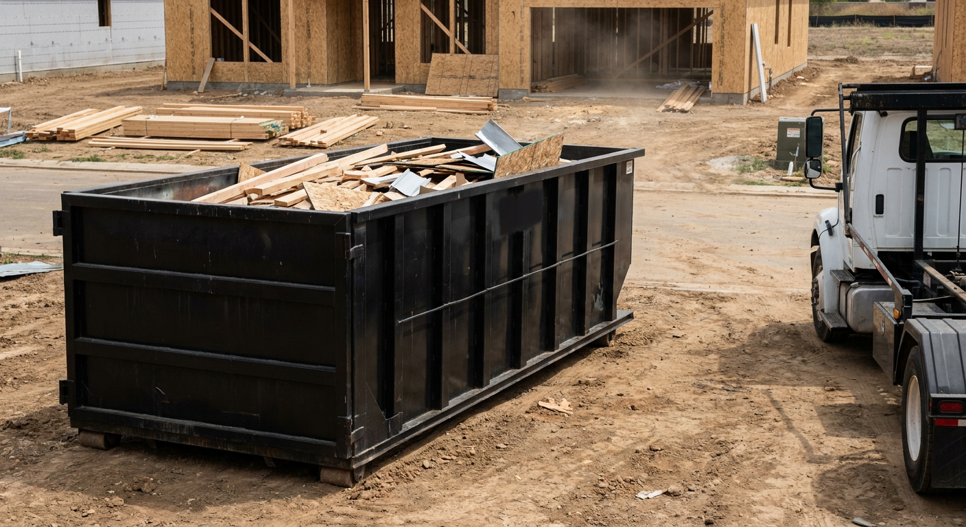 Matte-black 20-yard roll-off construction dumpster with heavy ribbed steel sidewalls and swing rear doors at a working jobsite in College Station, sitting directly on compacted dirt with an unmarked white hauler partially visible at the far edge of the frame.