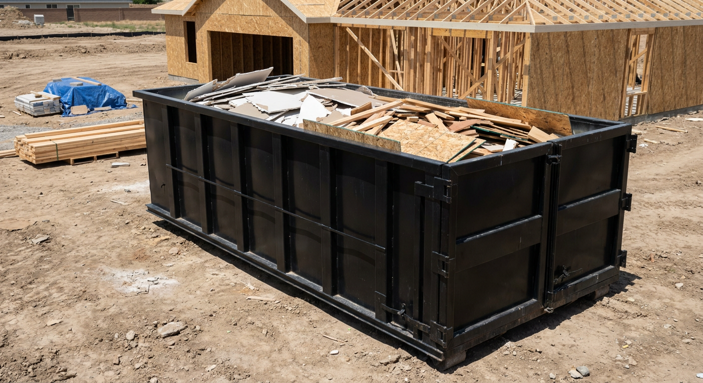 Matte-black 30-yard roll-off construction dumpster sitting directly on the compacted-dirt site of a framed single-family home build in College Station, drywall and lumber scrap loaded inside.