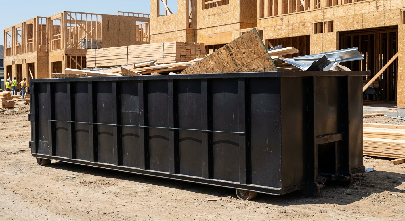 Matte-black 40-yard roll-off construction dumpster being lowered from a white-cab hooklift delivery truck onto the compacted-dirt jobsite at a commercial build site in College Station