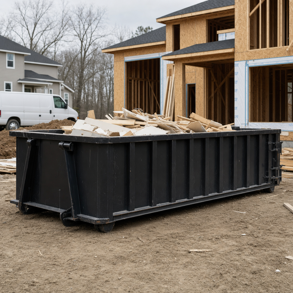 Worker in a yellow high-visibility vest tossing framing lumber and broken drywall into a matte-black 30-yard construction roll-off dumpster on an active build site in College Station, bright daylight