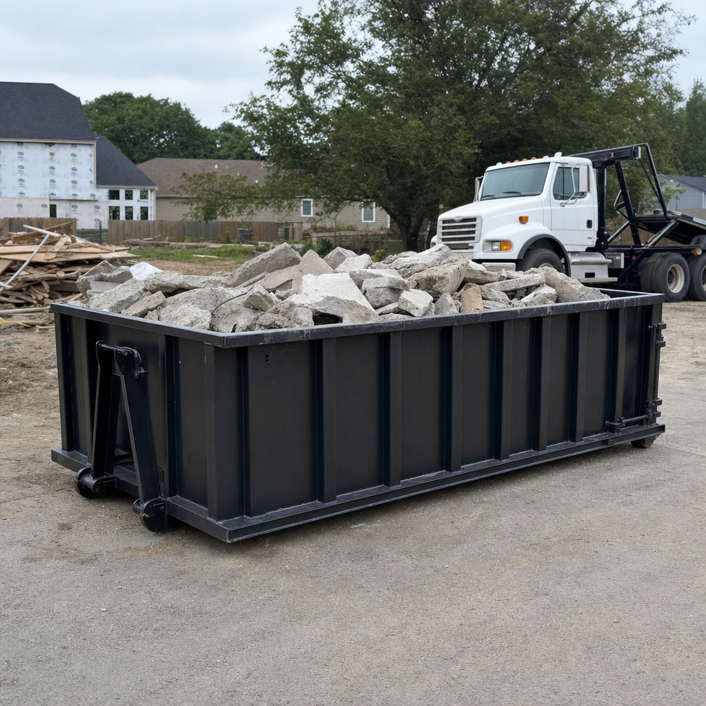 Low-profile matte-black lowboy roll-off dumpster loaded with broken concrete slab and rebar at a foundation tear-out in College Station, skid steer parked beside it, sunny Colorado morning