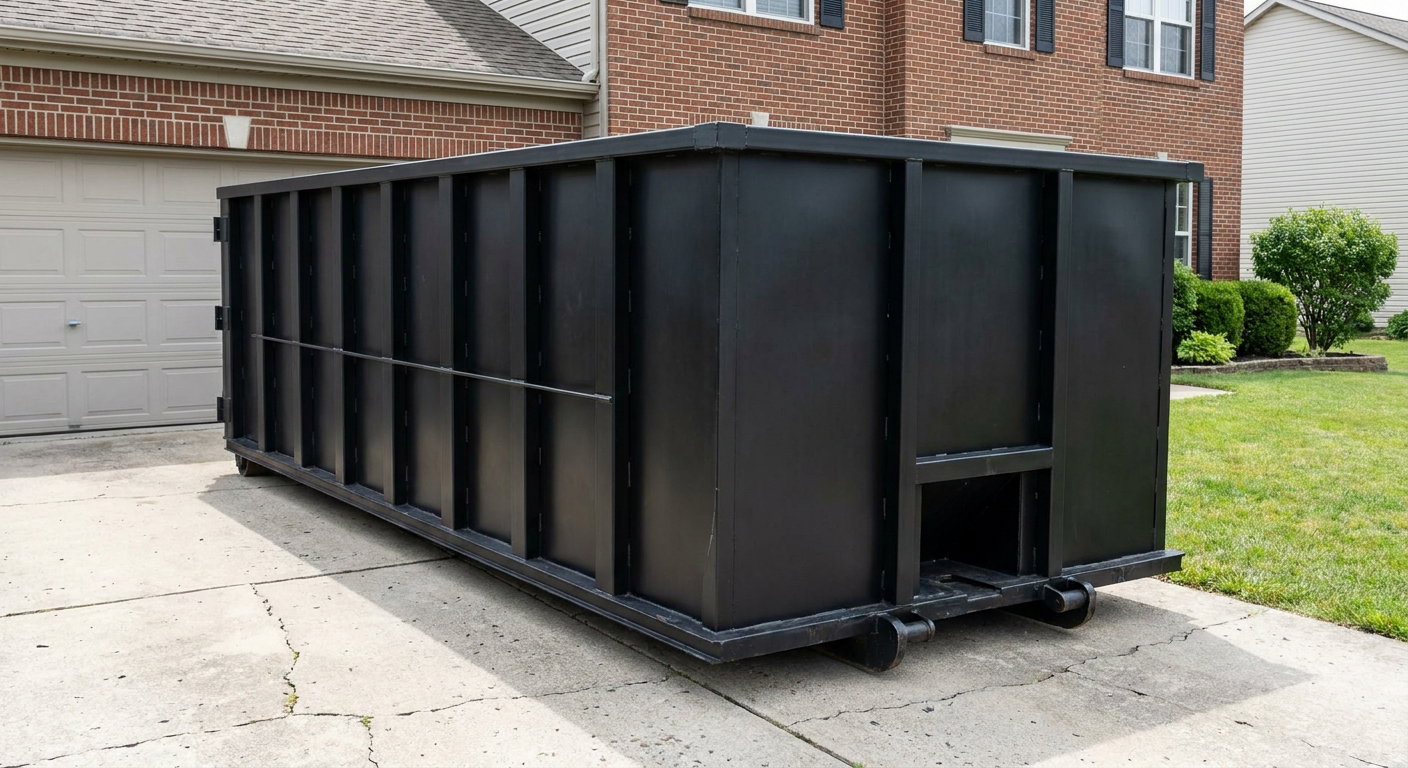 Matte-black 20-yard roll-off container on a College Station residential concrete driveway with reinforced ribbed steel sidewalls and a hinged rear walk-in door, clean bright daylight.