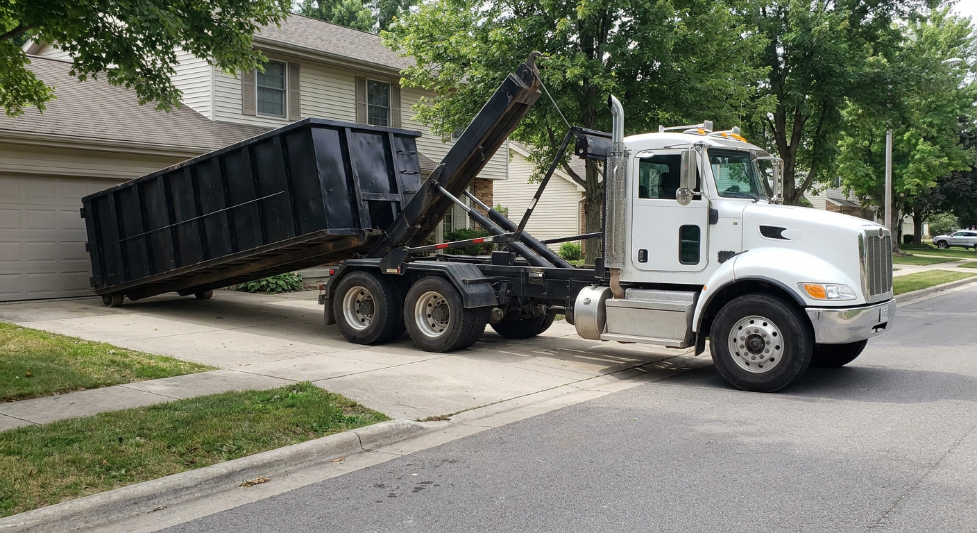 White-cab hooklift roll-off truck actively lowering a matte-black dumpster onto a College Station residential concrete driveway, the dumpster's rear wheels touching the driveway as the hoist arm tilts the bed forward, mid-morning daylight.