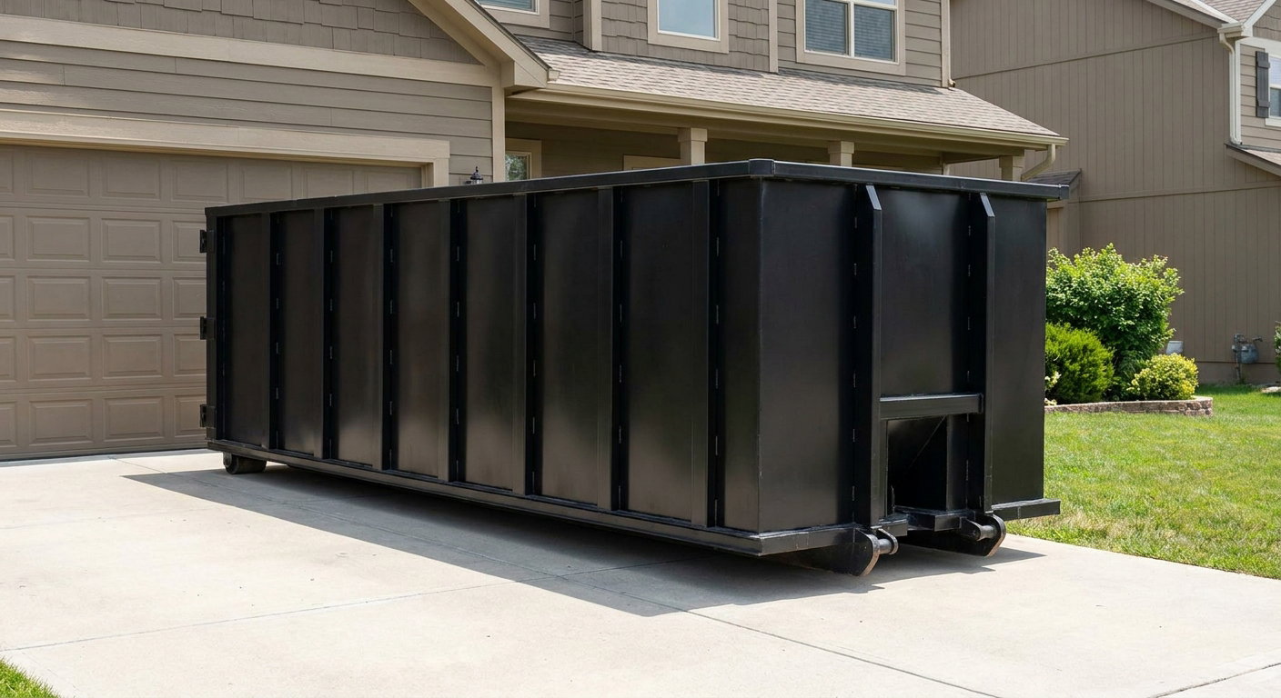 Matte-black residential roll-off dumpster sitting directly on a suburban College Station concrete driveway, garage door closed, single-family home in background, bright morning daylight.