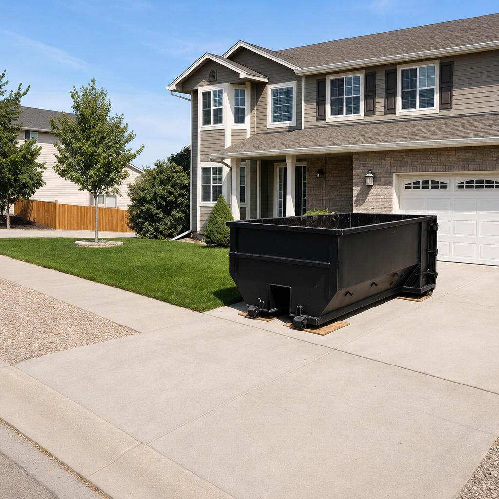 10-yard matte-black residential dumpster placed directly on a narrow College Station concrete driveway, room remains for a parked sedan beside it, mid-morning natural light