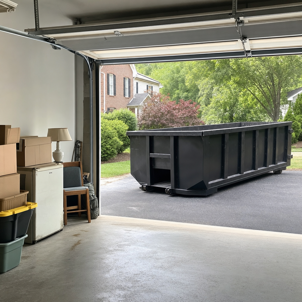 Open garage interior in a College Station home mid-cleanout — boxed items, an old appliance, and stacked yard tools queued near the driveway for a matte-black roll-off dumpster, organized and calm