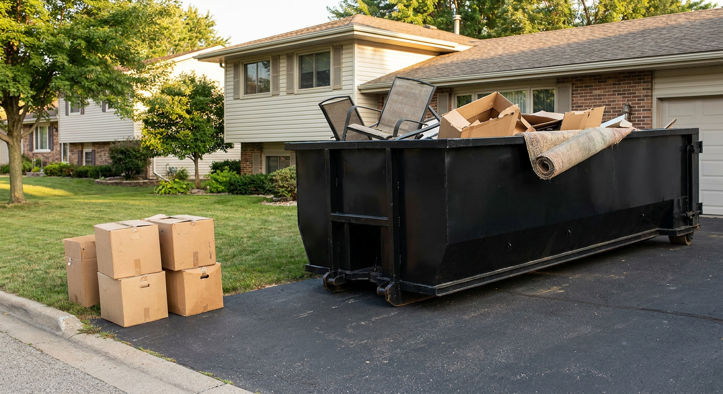 Front-yard view of a College Station split-level home with a 20-yard matte-black roll-off dumpster sitting directly on the asphalt driveway, a few clearly labeled donation boxes staged at the curb, calm sunny afternoon.