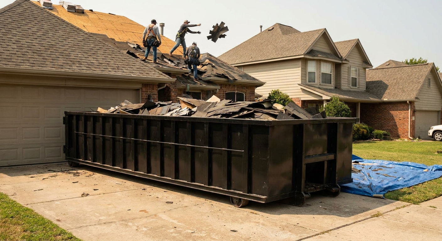 Matte-black roofing roll-off dumpster placed directly on a College Station residential concrete driveway, a tear-off crew on a two-story asphalt-shingle roof tossing shingle bundles into the low-walled container, bright daylight, documentary 35mm perspective.