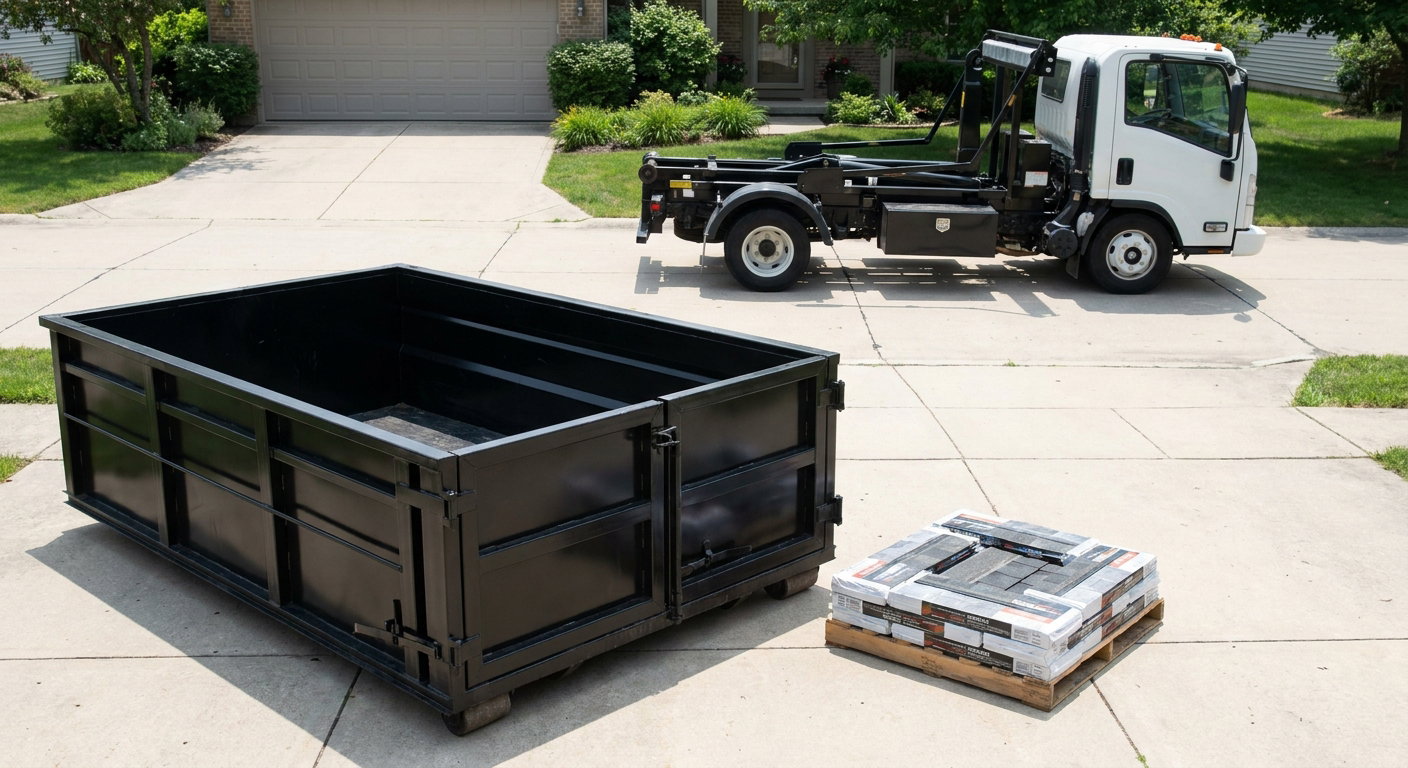 Matte-black 15-yard roofing roll-off dumpster with reinforced low side walls sitting directly on a College Station residential concrete driveway, three-tab asphalt shingle bundles stacked nearby, an unmarked white hauler truck partially visible at the edge of the frame.