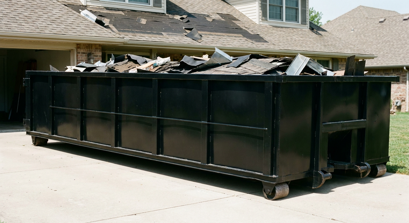 Matte-black 20-yard roofing roll-off dumpster with steel ribbed sides and swinging rear door, sitting directly on the concrete driveway of a two-story College Station home, asphalt shingle debris being loaded over the low wall, clean documentary lighting.