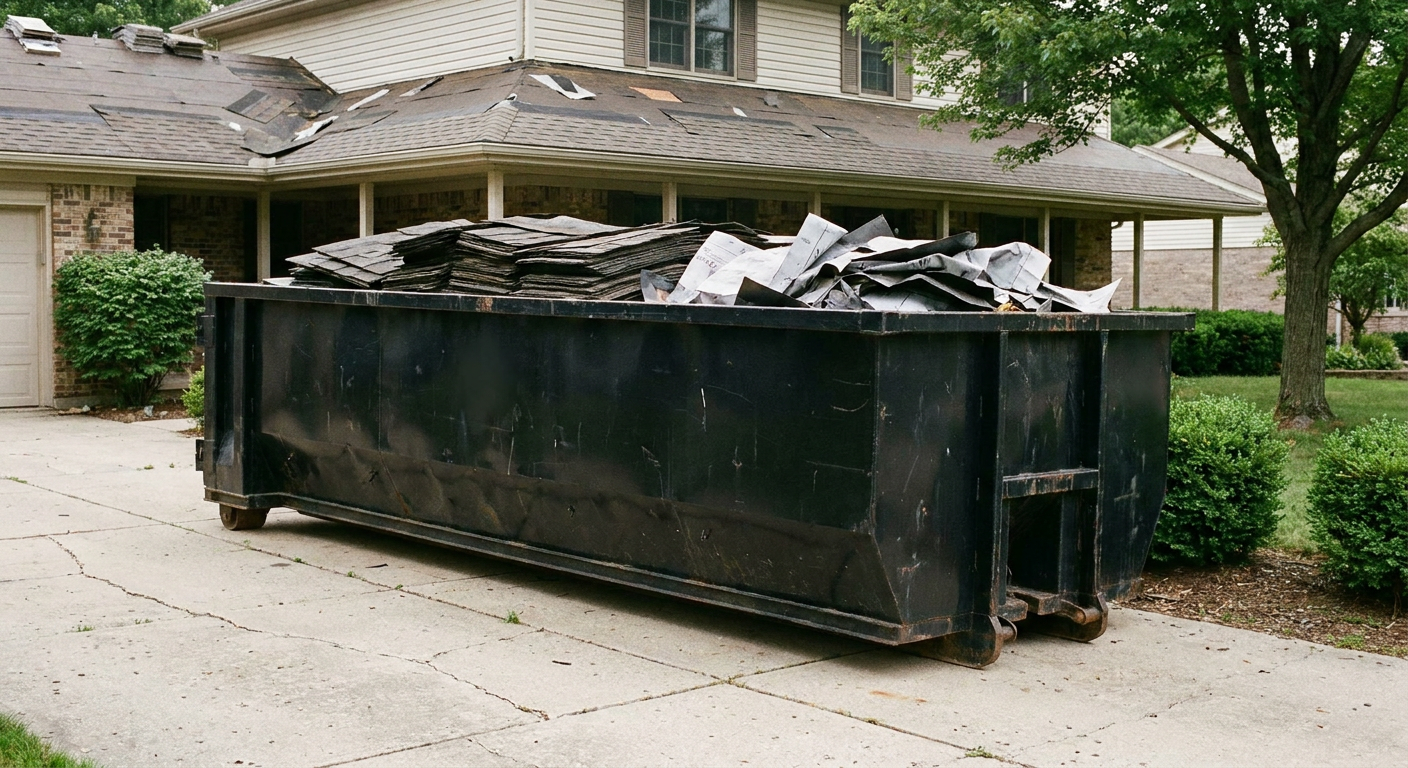 Matte-black 30-yard roofing roll-off dumpster sitting directly on a College Station concrete driveway, taller ribbed steel side panels, mixed tear-off debris of asphalt shingles and underlayment inside, professional documentary daylight.