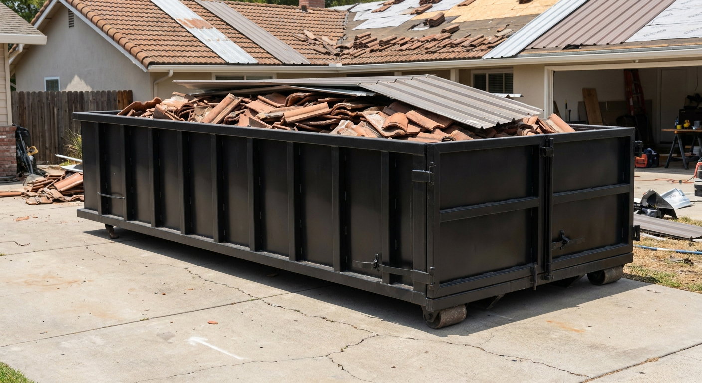 Matte-black low-wall heavy-debris roofing roll-off dumpster sitting directly on a College Station concrete driveway, broken concrete clay roof tiles and metal panel sections loaded inside, reinforced ribbed steel side walls visible, bright outdoor daylight.