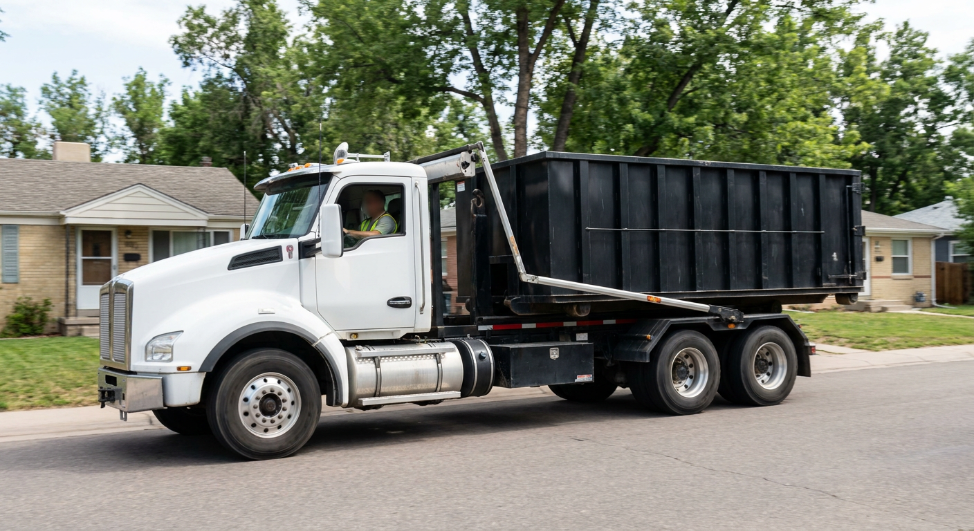A wide documentary shot of a matte-black roll-off delivery truck pulling onto a quiet College Station residential street at mid-morning, with neighborhood rooftops and tree-lined blocks visible behind, showing the metro coverage footprint.
