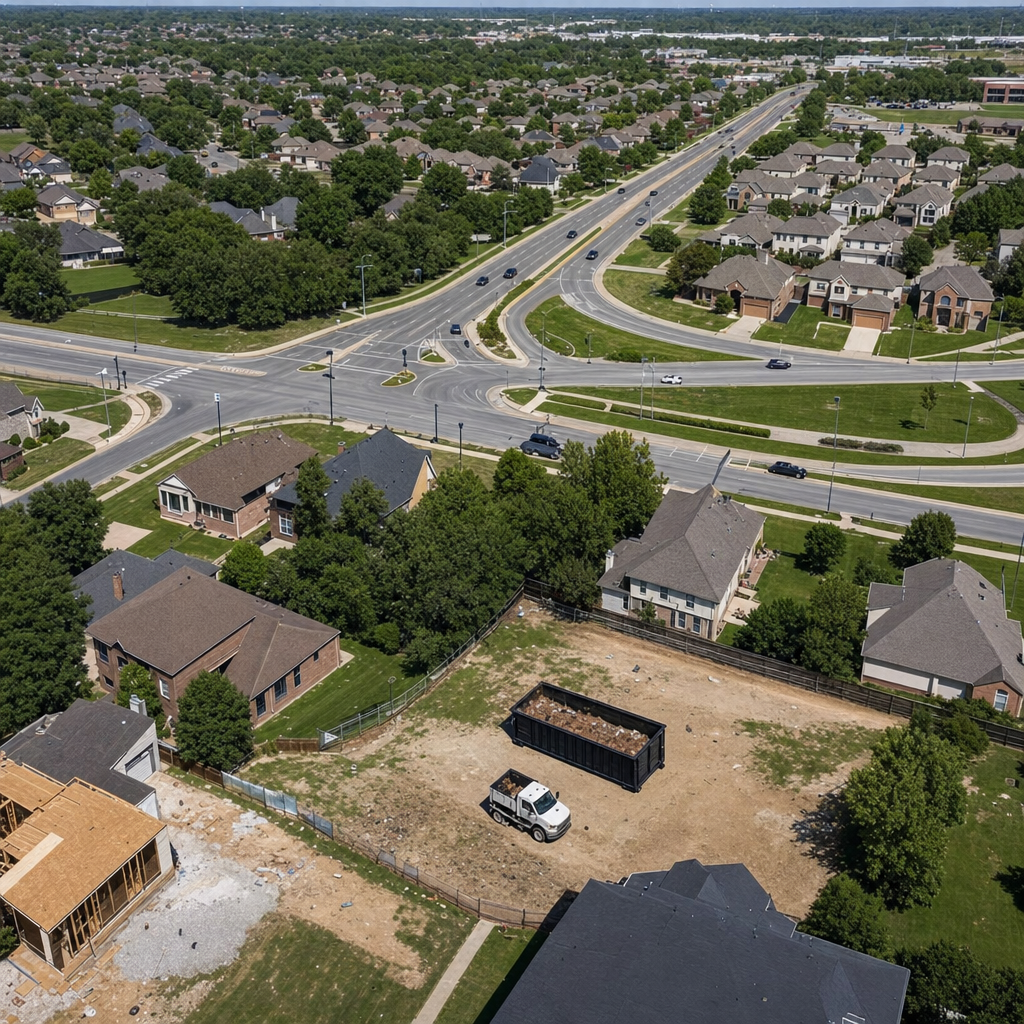 An overhead documentary view of the College Station metro area at midday, showing the spread of neighborhoods, arterial roads, and the dispatch radius from a central yard — clean daylight, organized geographic layout.