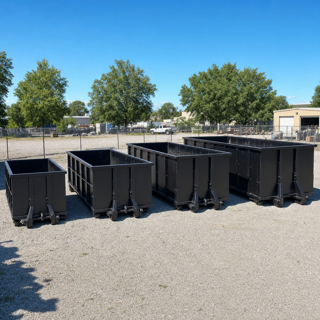A clean lineup of matte-black roll-off dumpsters in 10, 20, 30, and 40-yard sizes staged on a sunlit gravel yard in College Station, showing the size progression from compact to commercial-scale containers.