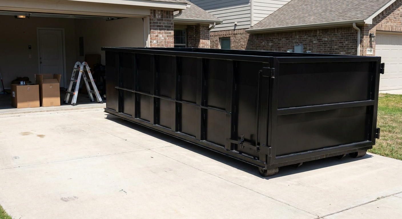 A matte-black 10-yard roll-off dumpster sitting directly on a residential College Station concrete driveway, mid-day sunlight, clean and ready for a garage cleanout.