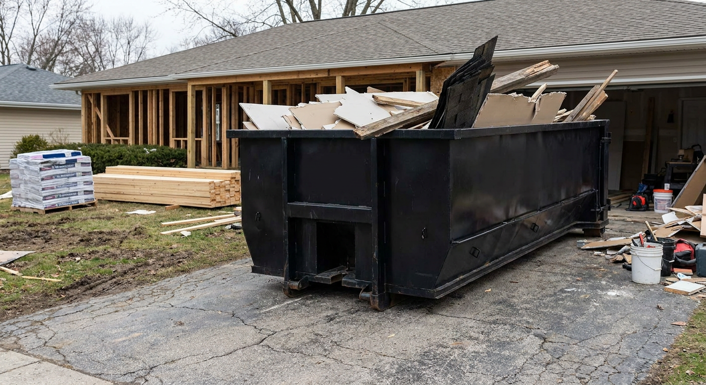 A matte-black 20-yard roll-off dumpster placed alongside a mid-renovation College Station home directly on the asphalt driveway, with framing materials and torn-off shingles staged neatly nearby.