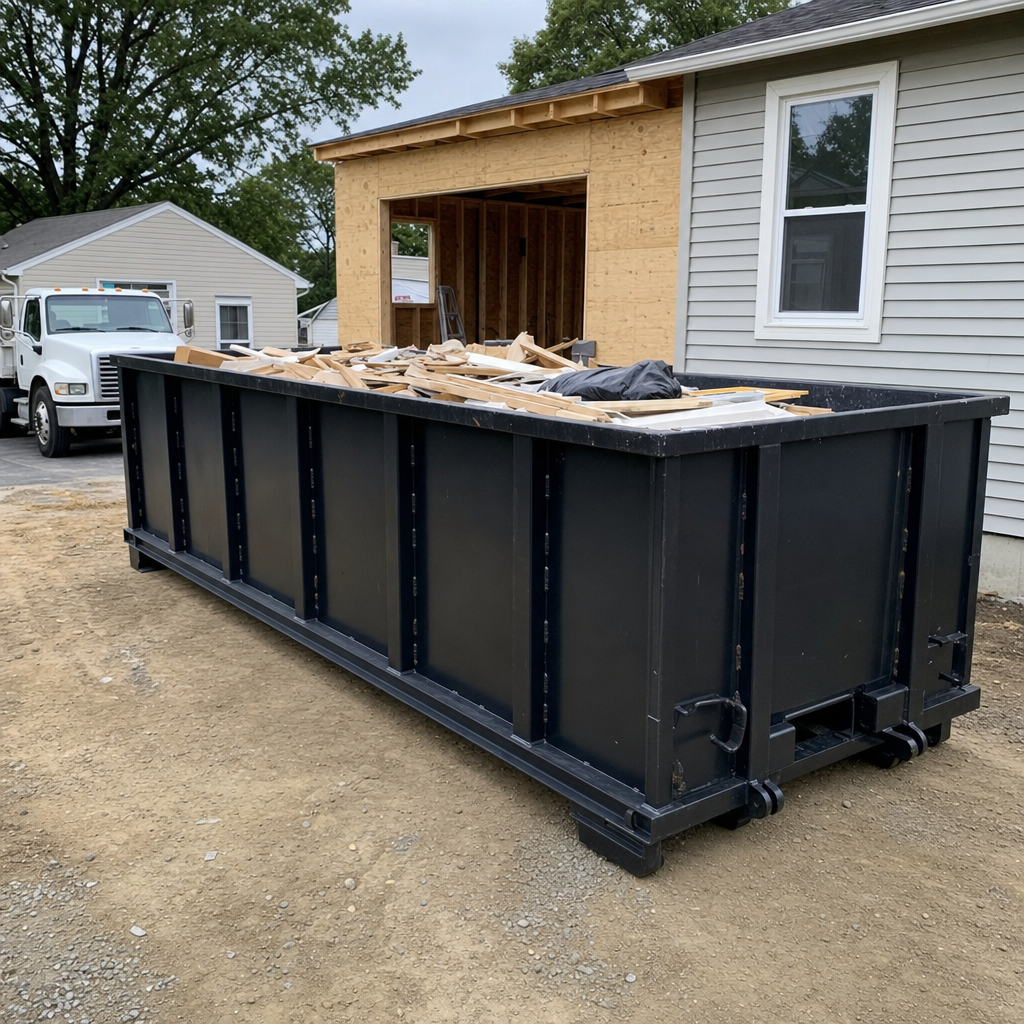 A matte-black 30-yard roll-off dumpster positioned at a College Station residential addition jobsite, with framing lumber and drywall scraps loaded through the open swinging rear doors.