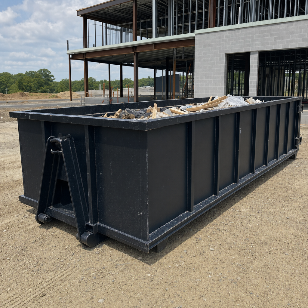 A matte-black 40-yard roll-off dumpster staged on a large College Station commercial construction lot, with a hooklift delivery truck parked alongside under bright midday sky.