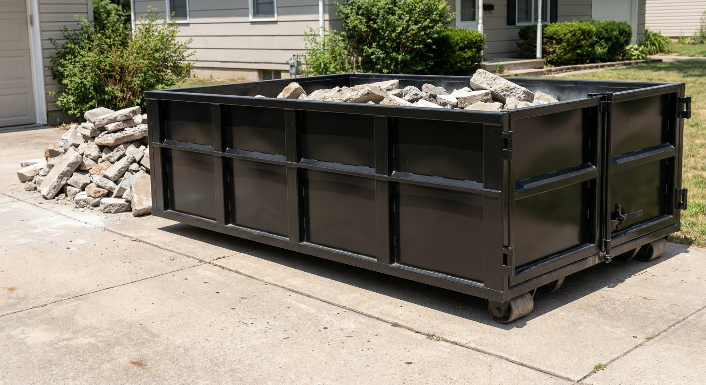 A matte-black low-side heavy-debris roll-off dumpster placed directly on a College Station concrete driveway, with broken concrete chunks neatly stacked beside it under clean daylight.